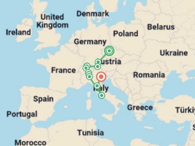 Map of Europe Tour with 7 destination visits for the trip: A Four Seasons Journey