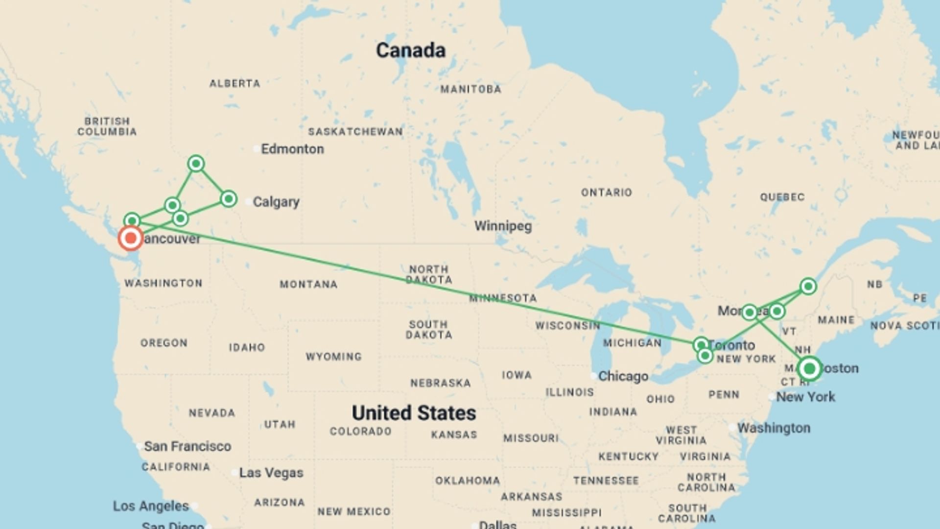 A map showing the tour itinerary for the trip: Ultimate Canada, starting in Boston, USA and ending in Vancouver, Canada going through 11 other destinations.