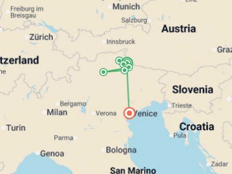 Map itinerary of Italy Tour in Summer with 7 destination visits for the trip: Hiking in the Dolomites