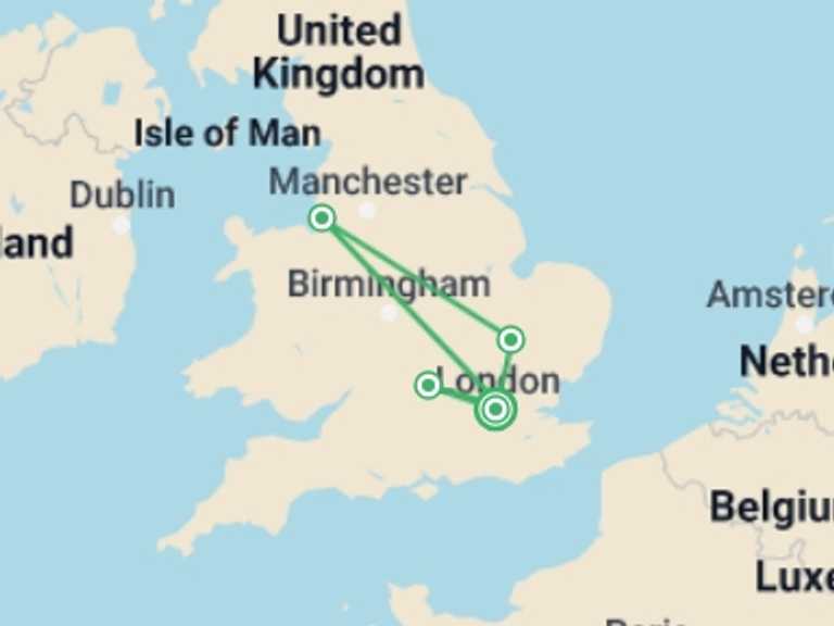 Map of London Explorer Tour with 2 destination visits for the trip: Essential England
