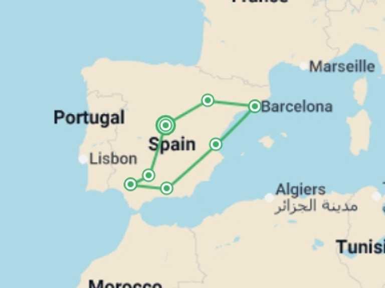 Map itinerary of Spain Tour in February 2026 with 5 destination visits for the trip: 7 Day Guided Tour In Andalusia, Valencia And Barcelona From Madrid (c170)