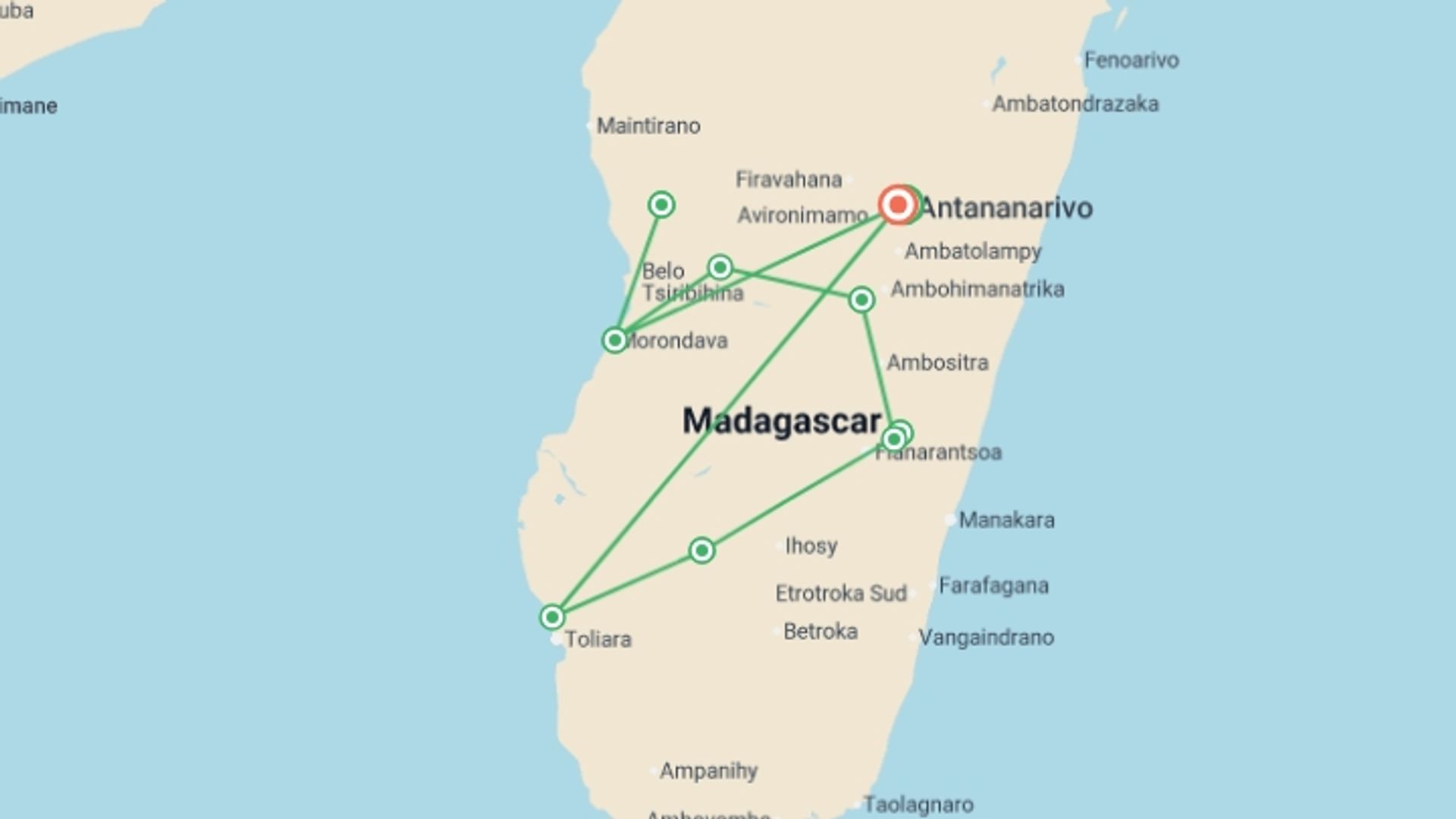 A map showing the tour itinerary for the trip: Madagascar Wildlife Adventure, starting in Antananarivo, Madagascar and ending in Antananarivo, Madagascar going through 10 other destinations.