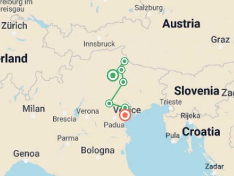 Map of a Bicycle Tour with 7 destination visits for the trip: Cycling from the Dolomites to Venice