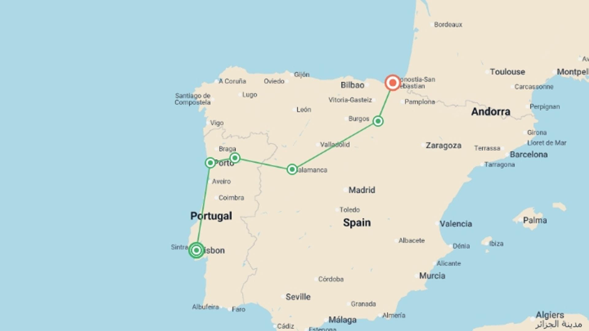 A map showing the tour itinerary for the trip: Flavors of Portugal & Spain featuring the Douro and Rioja Wine Regions, starting in Lisbon, Portugal and ending in San Sebastian, Spain going through 5 other destinations.
