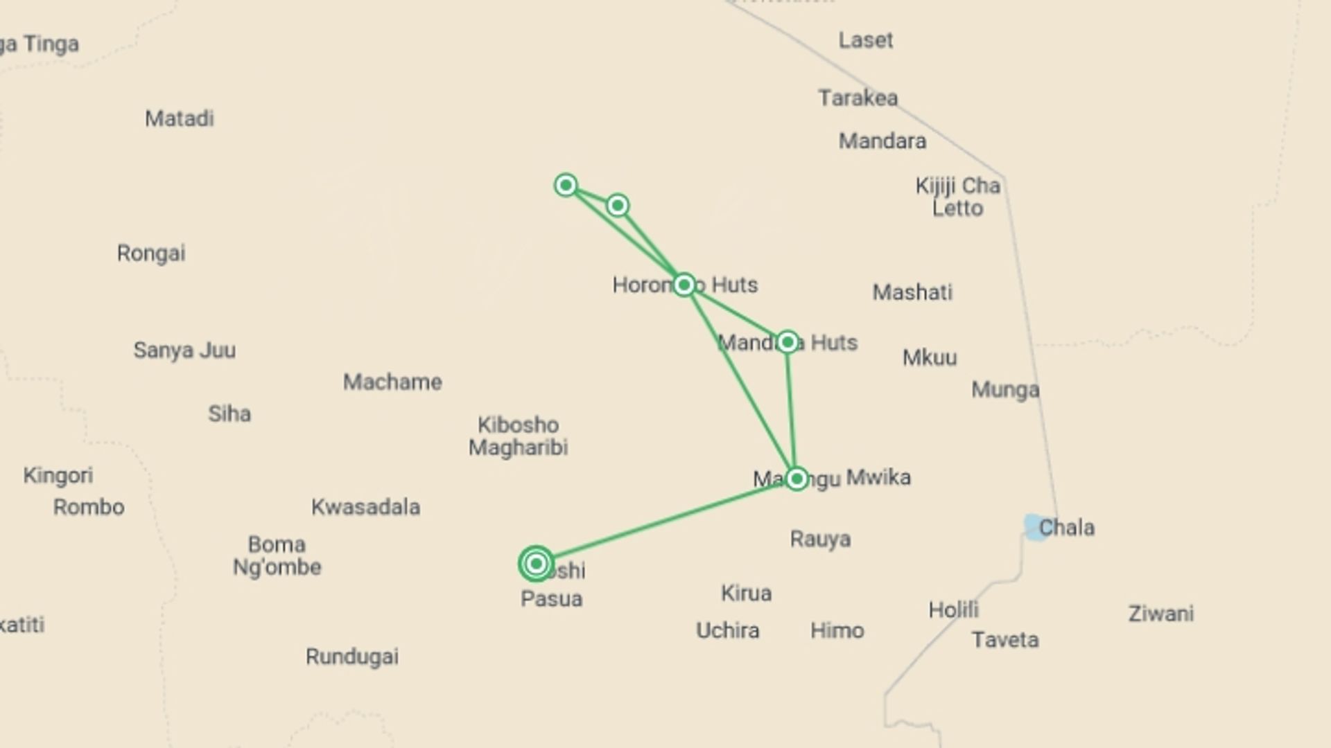 A map showing the tour itinerary for the trip: Five-Day Kilimanjaro Climb: Marangu Route, starting in Moshi, Tanzania and ending in Moshi, Tanzania going through 6 other destinations.
