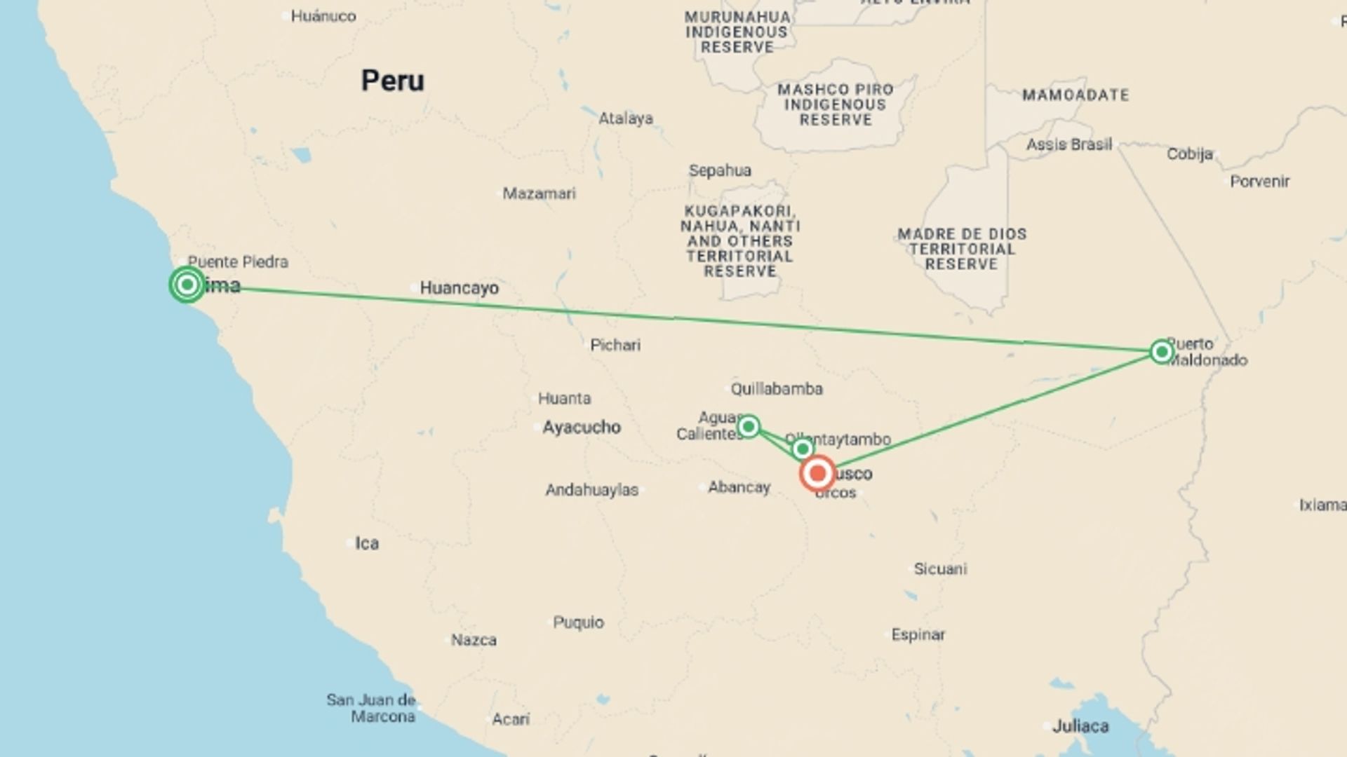 A map showing the tour itinerary for the trip: Amazon & the Lost City - 9 days, starting in Lima, Peru and ending in Cusco, Peru going through 2 other destinations.