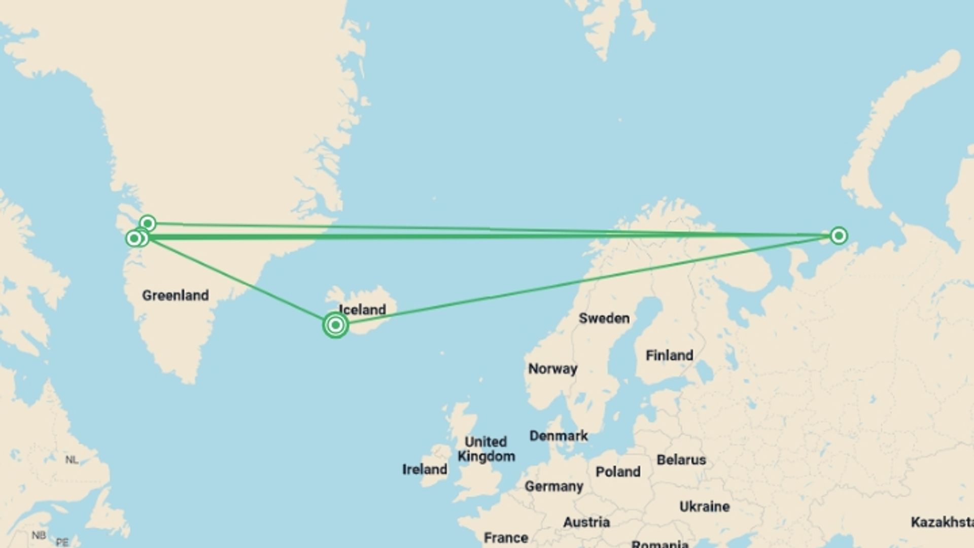 A map showing the tour itinerary for the trip: Greenland Express & Whale Watching - 5 days, starting in Keflavik, Iceland and ending in Keflavik, Iceland going through 3 other destinations.