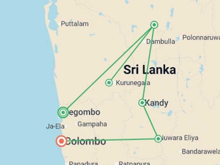 Map itinerary of Colombo Tour in December 2025 with 6 destination visits for the trip: Premium Sri Lanka