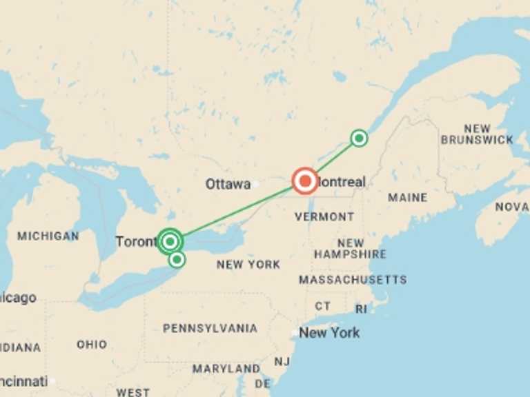 Map of Canada Tour with 4 destination visits for the trip: Icons of Eastern Canada: Toronto to Montreal