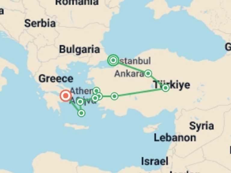 Map itinerary of Balkans Tour in August 2026 with 9 destination visits for the trip: Istanbul to Cappadocia, Santorini & Athens - 15 days