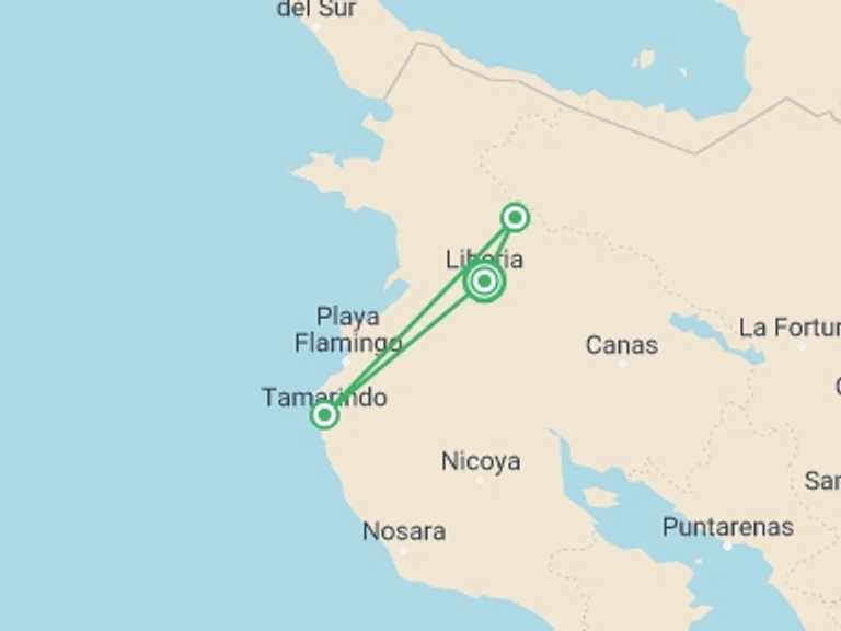 Map of a National parks Tour with 3 destination visits for the trip: Costa Rica: Rainforest & Beach Adventure