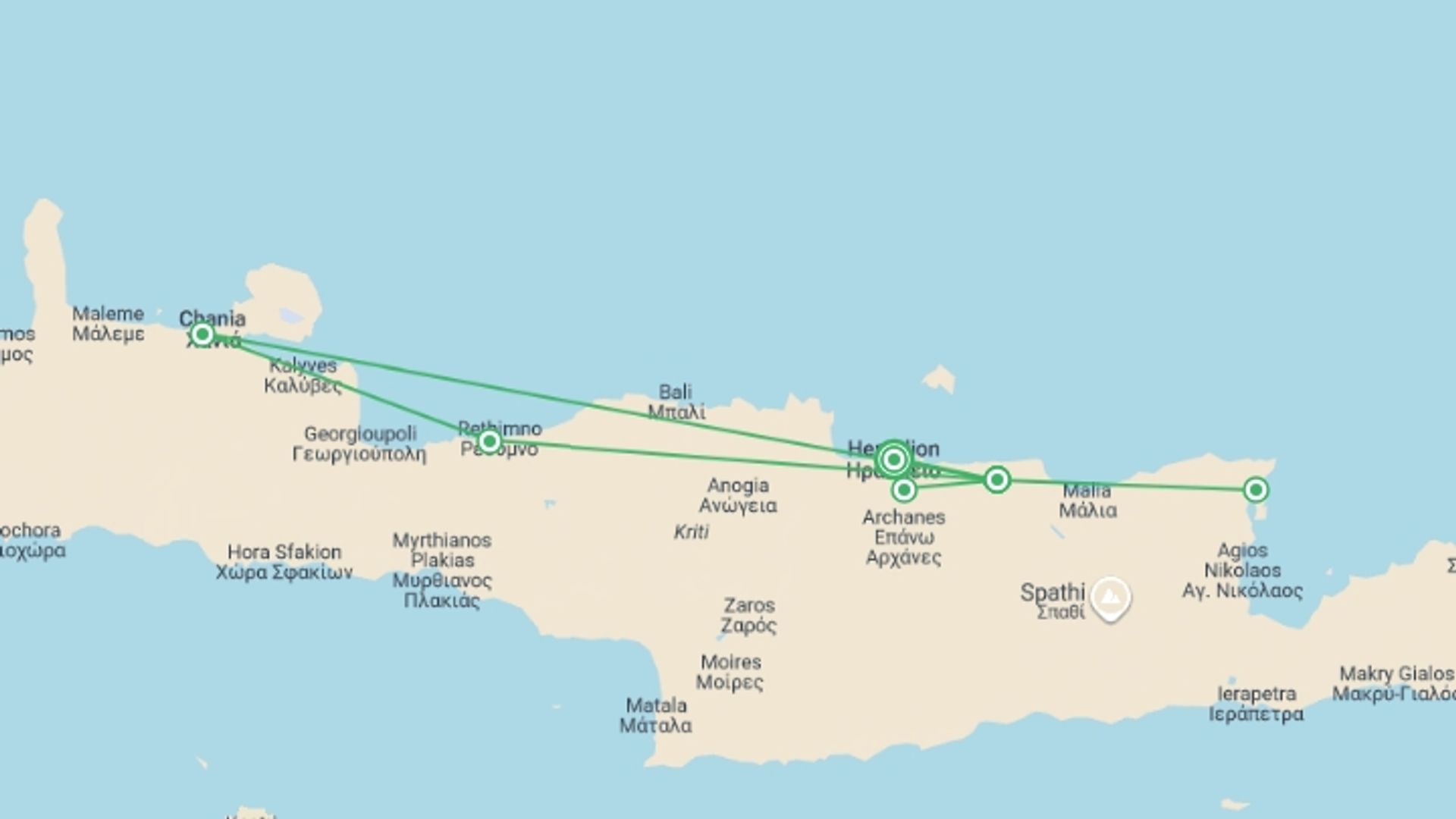 A map showing the tour itinerary for the trip: Treasures Of Crete, German-speaking Guide, starting in Heraklion, Greece and ending in Heraklion, Greece going through 1 other destinations.