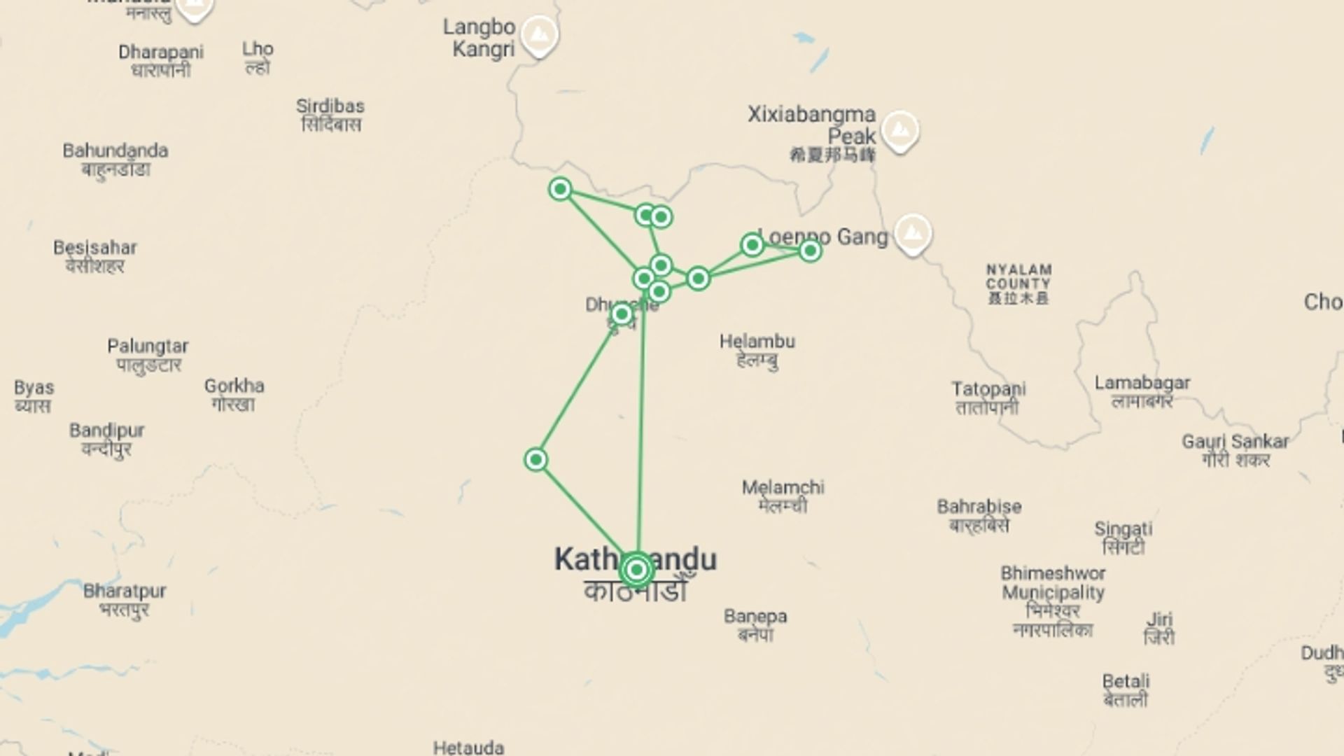 A map showing the tour itinerary for the trip: Tamang Heritage & Langtang Valley Trek, starting in Kathmandu, Nepal and ending in Kathmandu, Nepal going through 12 other destinations.