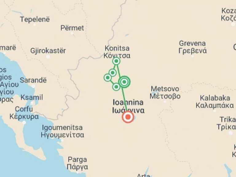 Map of Europe Trekking and Hiking Tour with 7 destination visits for the trip: Zagori Villages & Vikos Gorge Hiking