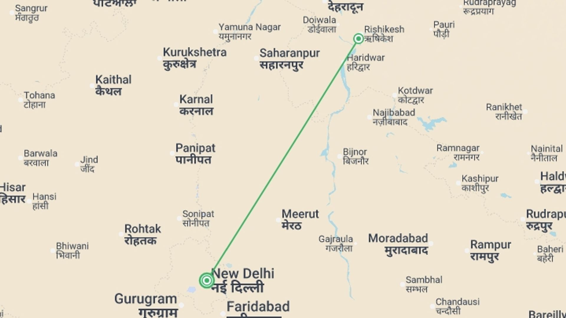 A map showing the tour itinerary for the trip: Rishikesh - 4 days, starting in New Delhi, India and ending in New Delhi, India going through 2 other destinations.
