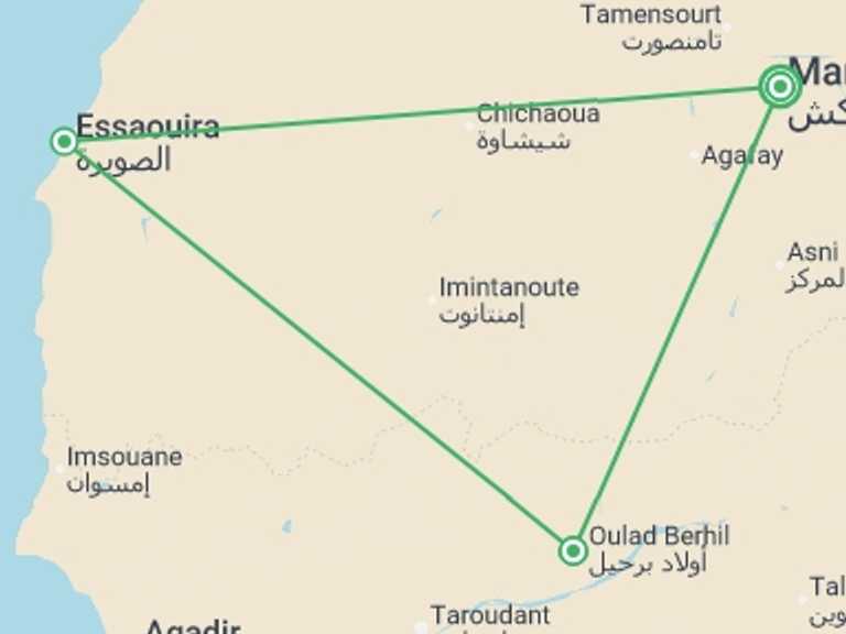 Map itinerary of Mediterranean Tour in September 2026 with 3 destination visits for the trip: Walking in Morocco - Atlas to Atlantic