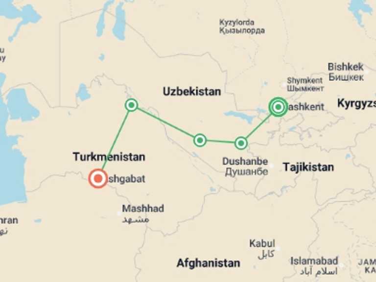 Map of Ashgabat Explorer Tour with 6 destination visits for the trip: Journeys: Stories of Uzbekistan & Turkmenistan