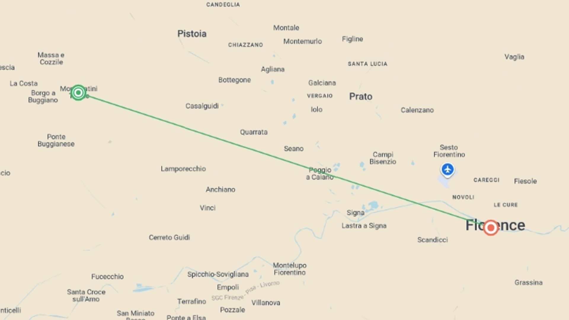 A map showing the tour itinerary for the trip: 3-day Private Florence Spa & Wellness: Classic Heritage & Natural Cave Experience*, starting in undefined, Italy and ending in undefined, Italy going through 0 other destinations.