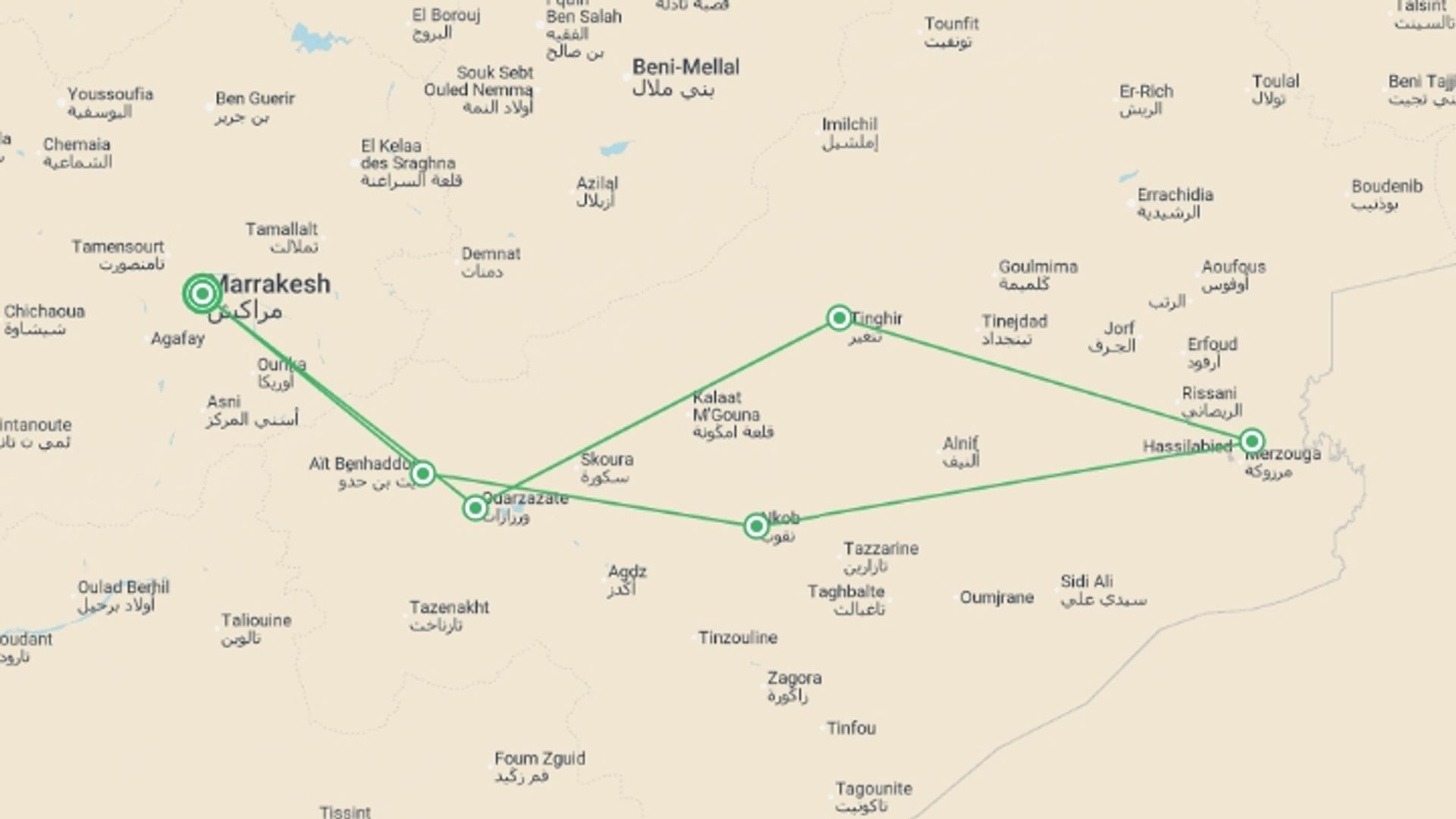 A map showing the tour itinerary for the trip: Morocco Family Adventure - 9 days, starting in Marrakech, Morocco and ending in Marrakech, Morocco going through 5 other destinations.