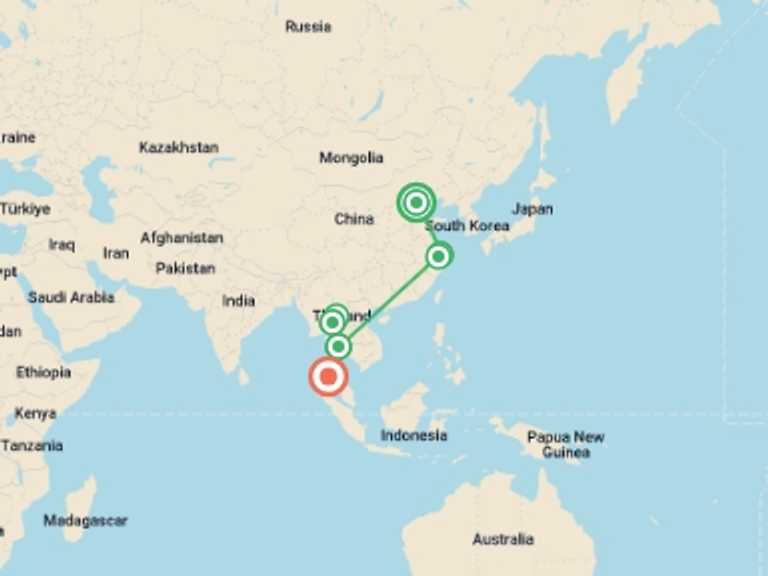 Map of Asia Tour with 8 destination visits for the trip: China & Thailand Cultural Treasures - 16 days