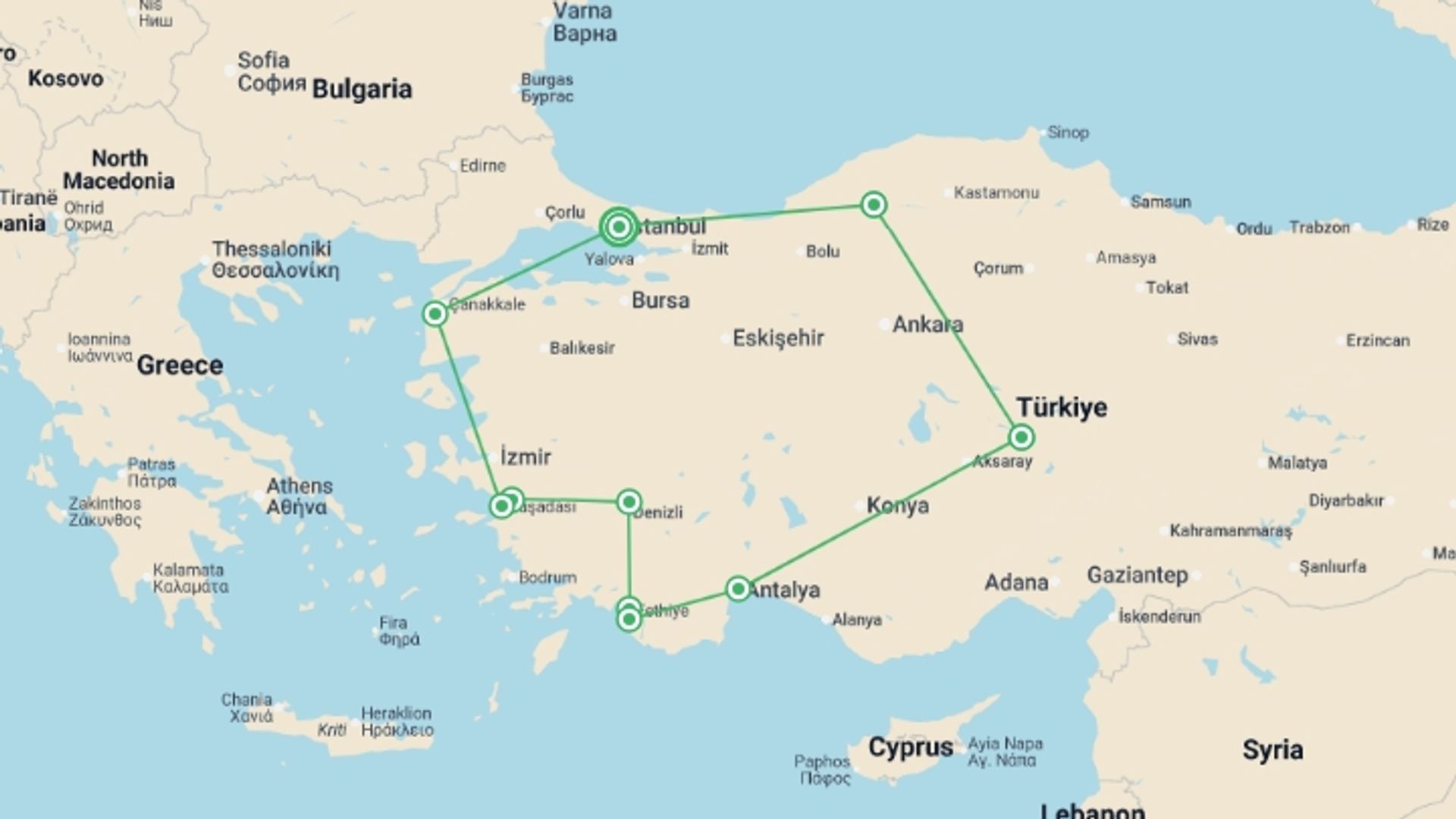 A map showing the tour itinerary for the trip: Legends of Turkey - 14 days, starting in Istanbul, Turkey and ending in Istanbul, Turkey going through 9 other destinations.