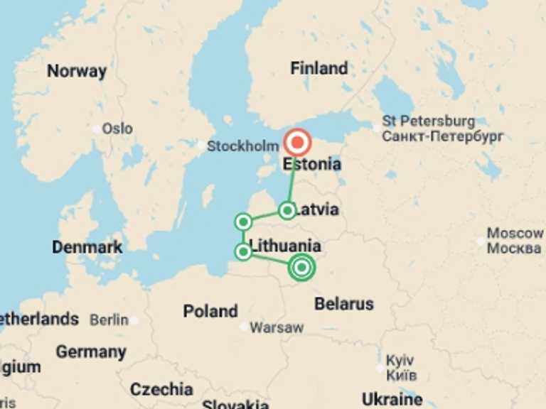 Map itinerary of South East Asia Tour in August 2026 with 7 destination visits for the trip: Baltic Capitals Explorer - 10 days