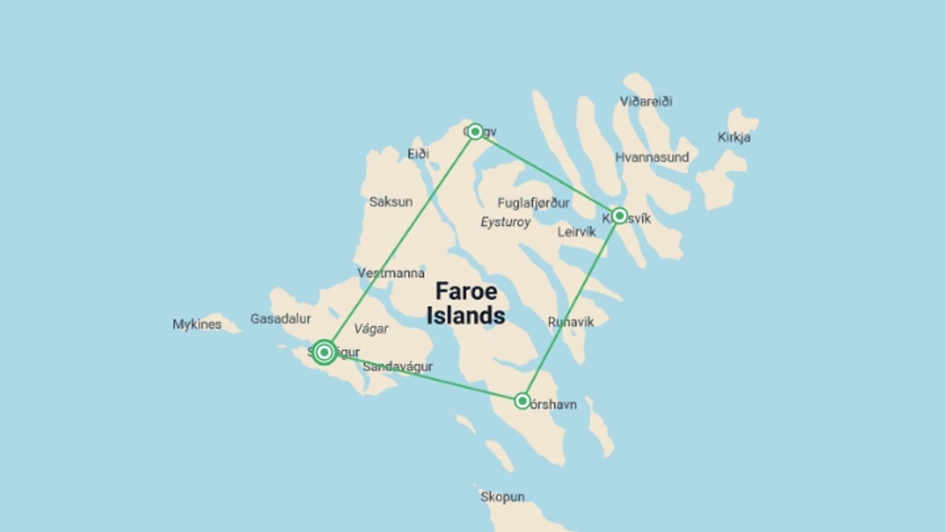 A map showing the tour itinerary for the trip: Faroe Islands Self Drive - 6 days, starting in Sørvágur, Denmark and ending in Sørvágur, Denmark going through 4 other destinations.