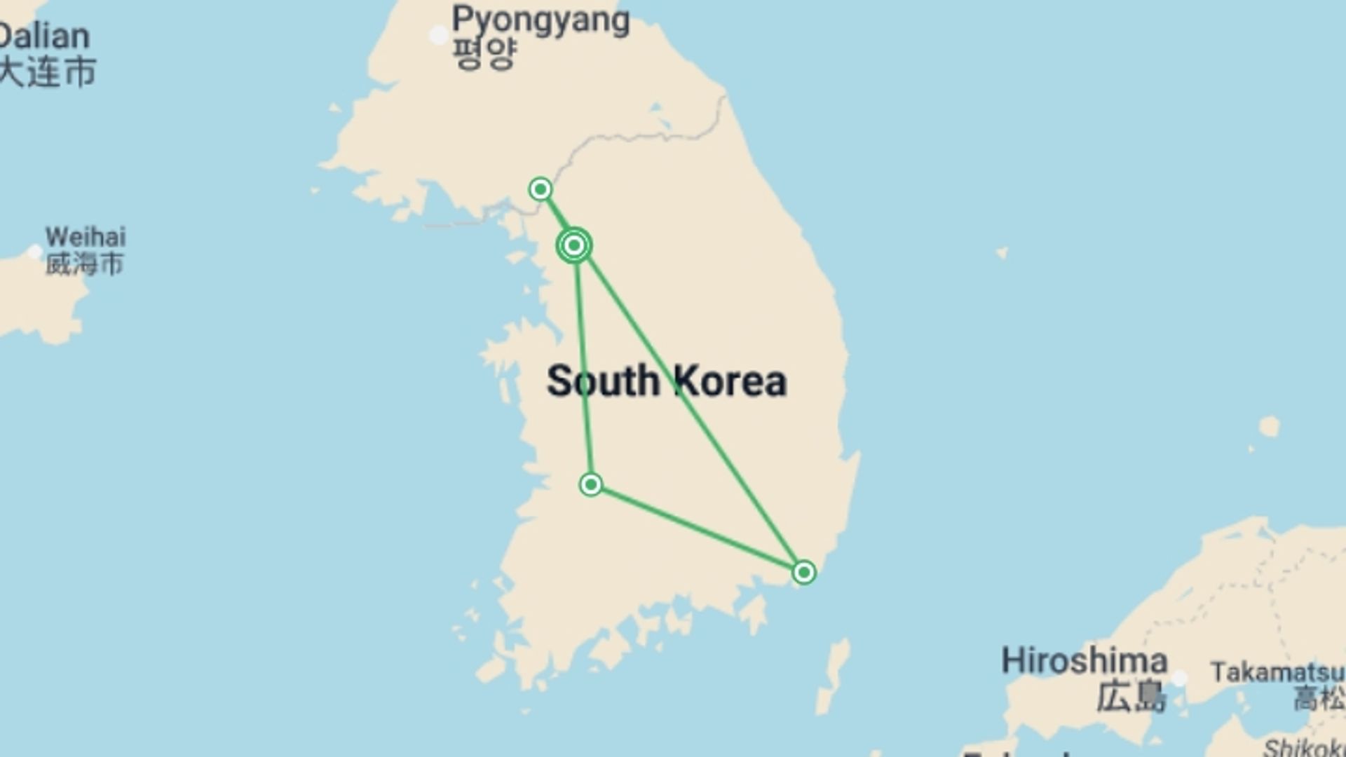 A map showing the tour itinerary for the trip: South Korean Soul, starting in Seoul, South Korea and ending in Seoul, South Korea going through 3 other destinations.