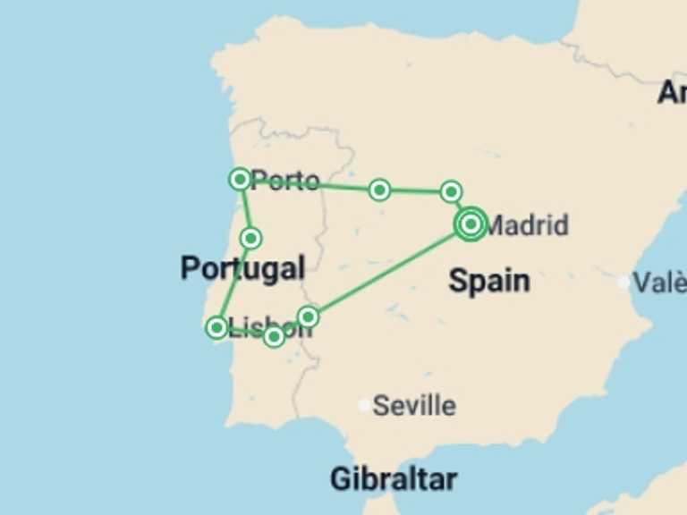 Map of Spain Art and architecture Tour with 4 destination visits for the trip: The Charms Of Spain And Portugal (multi Country), German-speaking Guide