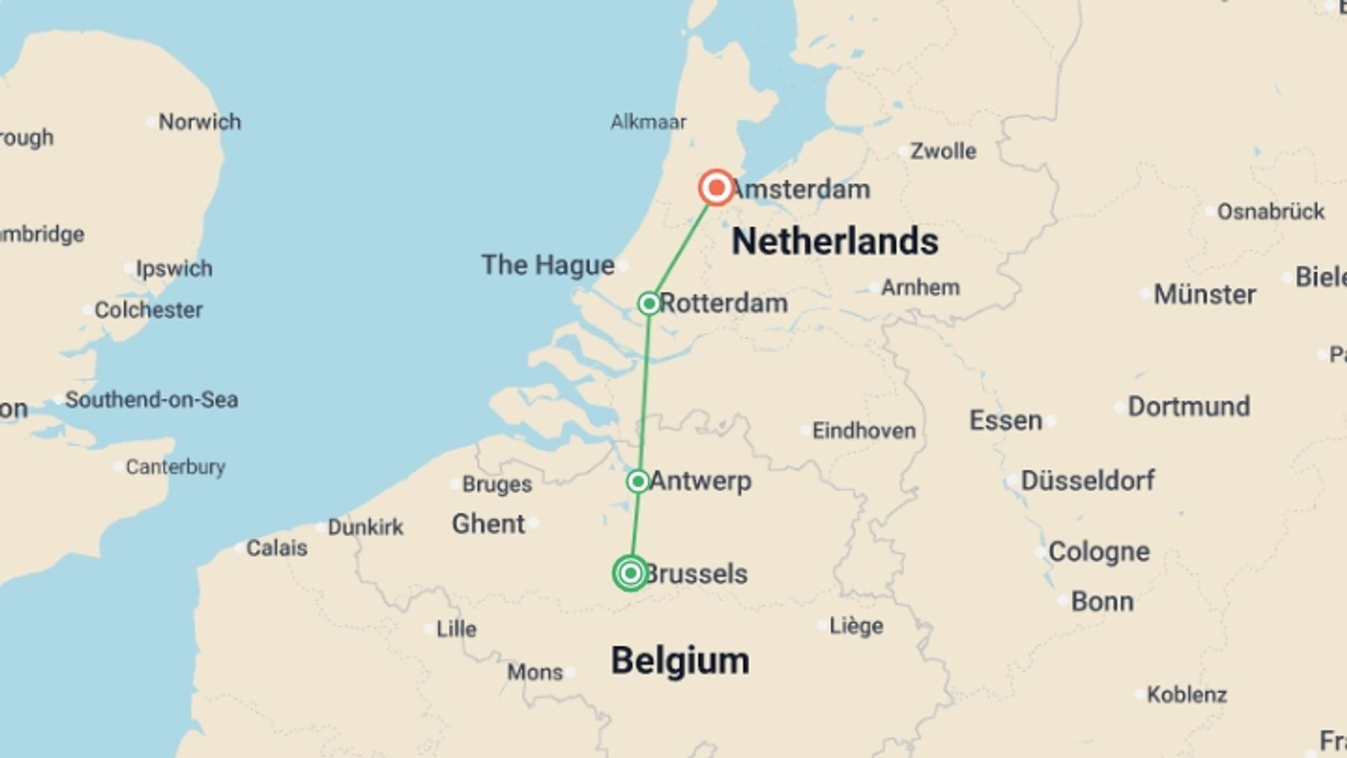 A map showing the tour itinerary for the trip: The Treasures of North - Through two extraordinary countries: Belgium and The Netherlands (port-to-port cruise), starting in Brussels, Belgium and ending in Amsterdam, Holland going through 2 other destinations.