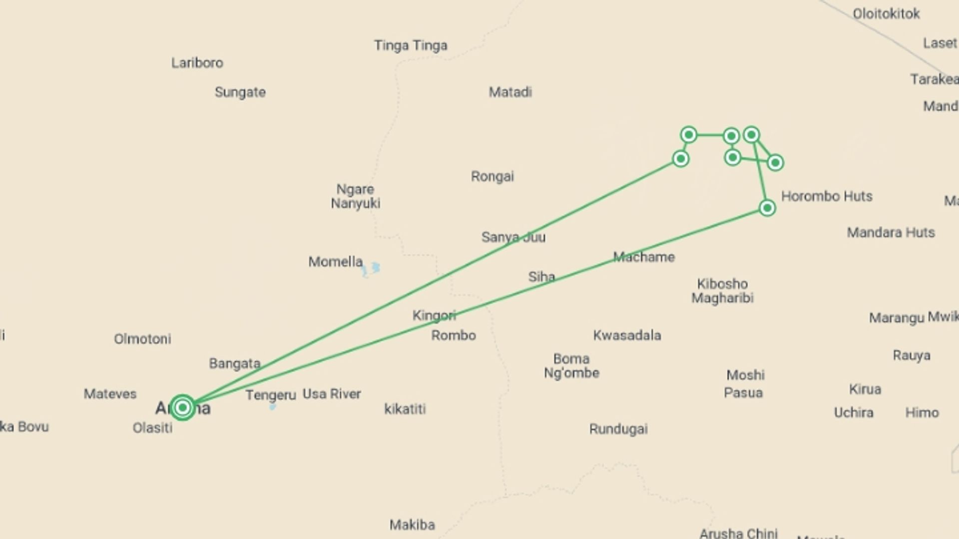 A map showing the tour itinerary for the trip: 6-Days Kilimanjaro Machame Route, starting in Arusha, Tanzania and ending in Arusha, Tanzania going through 6 other destinations.