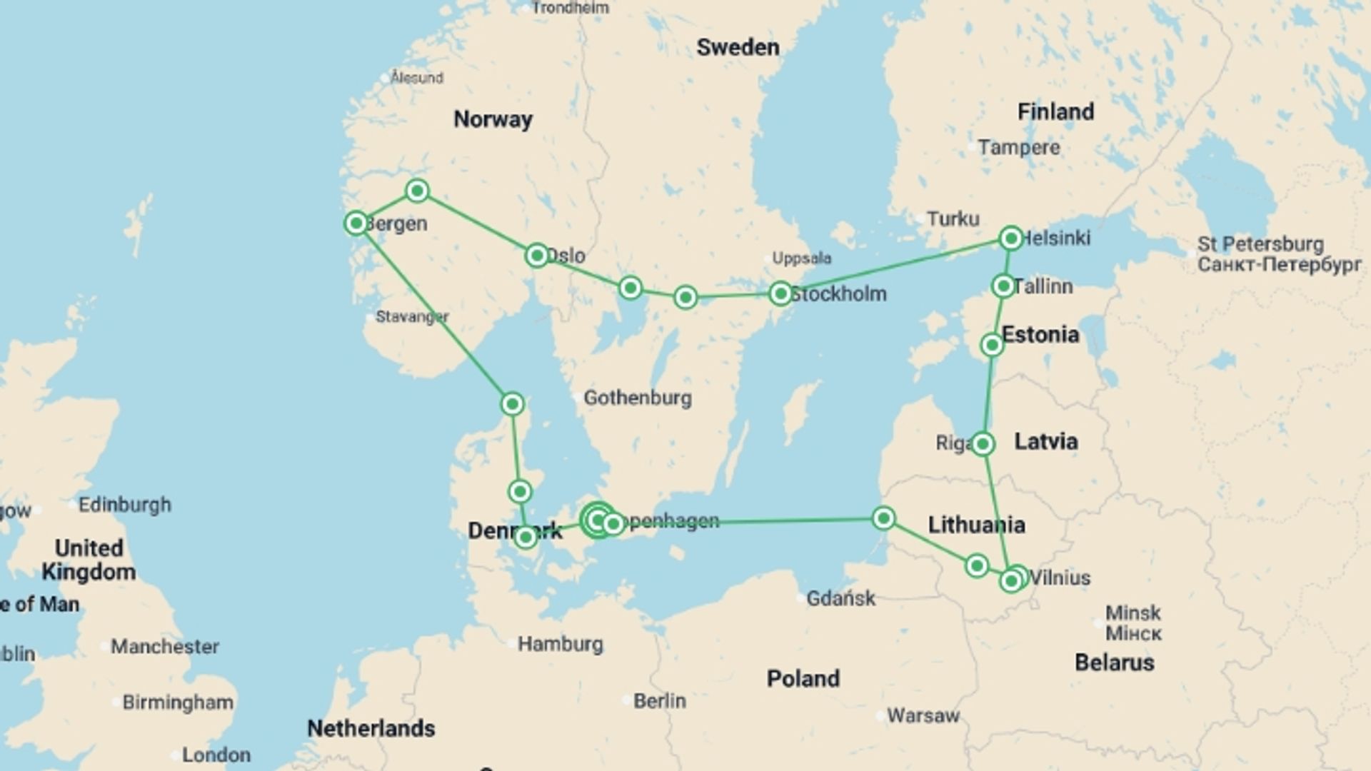 A map showing the tour itinerary for the trip: Ultimate Scandinavia & the Baltics, starting in Copenhagen, Denmark and ending in Copenhagen, Denmark going through 9 other destinations.