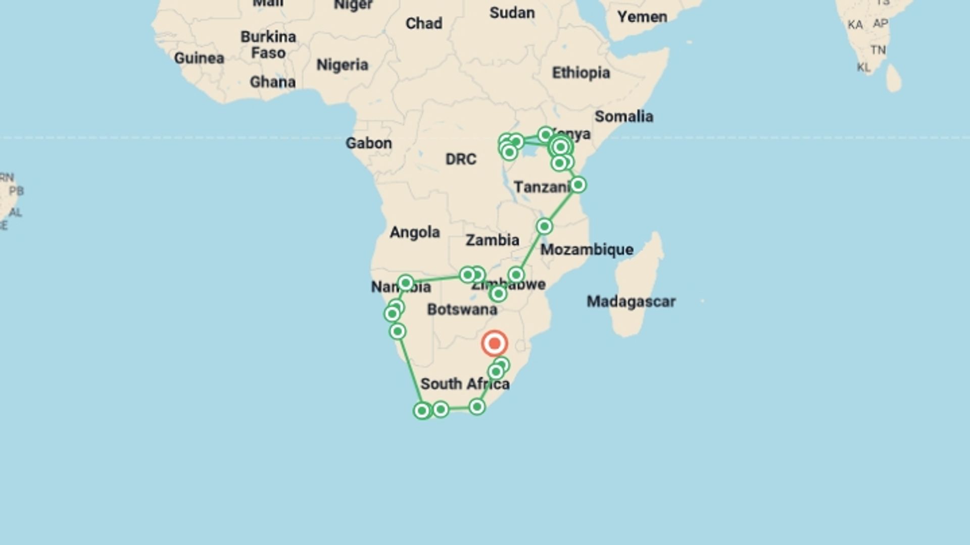 A map showing the tour itinerary for the trip: Nairobi To Johannesburg (94 Days), starting in Nairobi, Kenya and ending in Johannesburg, South Africa going through 25 other destinations.