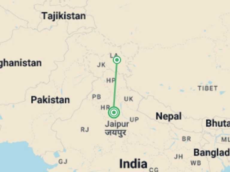 Map of Delhi & Golden Triangle Cultural, religious and historic sites Tour with 3 destination visits for the trip: Leh & Ladakh - 4 days