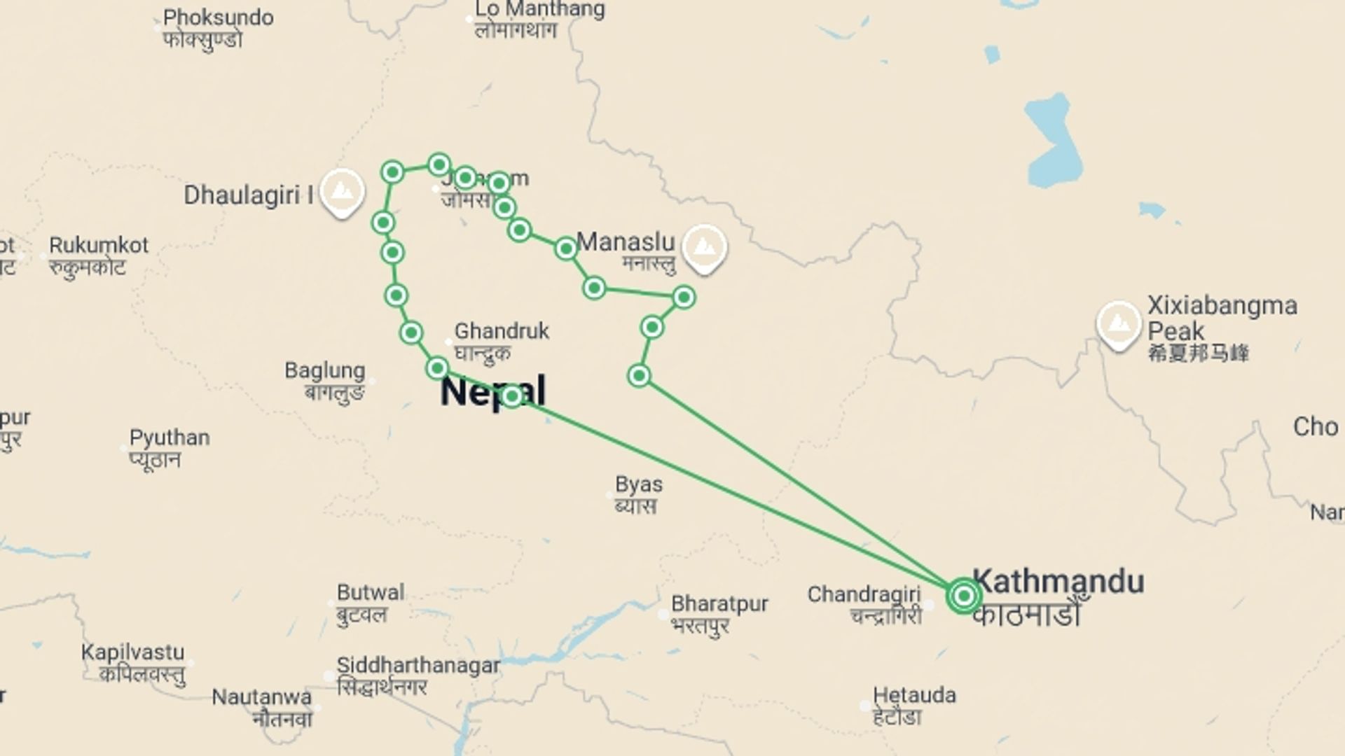 A map showing the tour itinerary for the trip: Annapurna Circuit Trek, starting in Kathmandu, Nepal and ending in Kathmandu, Nepal going through 17 other destinations.
