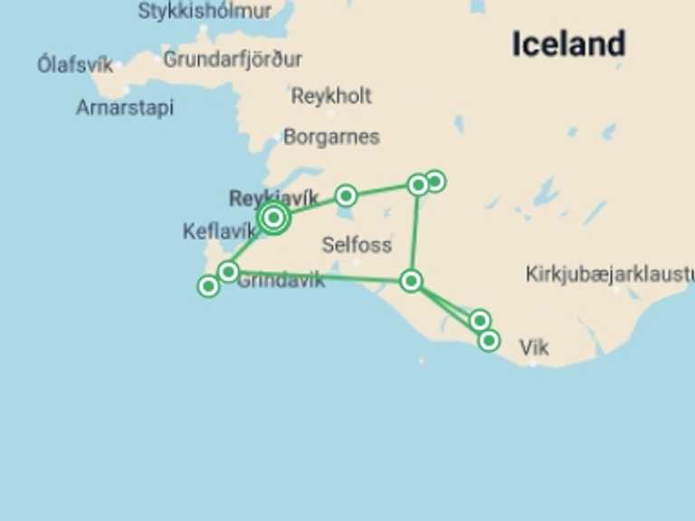 Map of a Waterfalls Tour with 2 destination visits for the trip: Land of the Northern Lights - 5 days