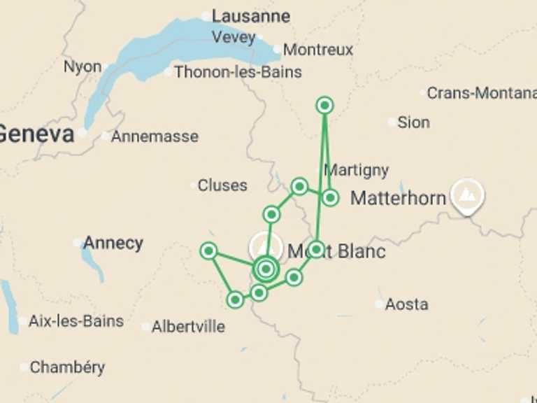 Map of Trient Tour with 11 destination visits for the trip: Mont Blanc Encompassed Guided Hike