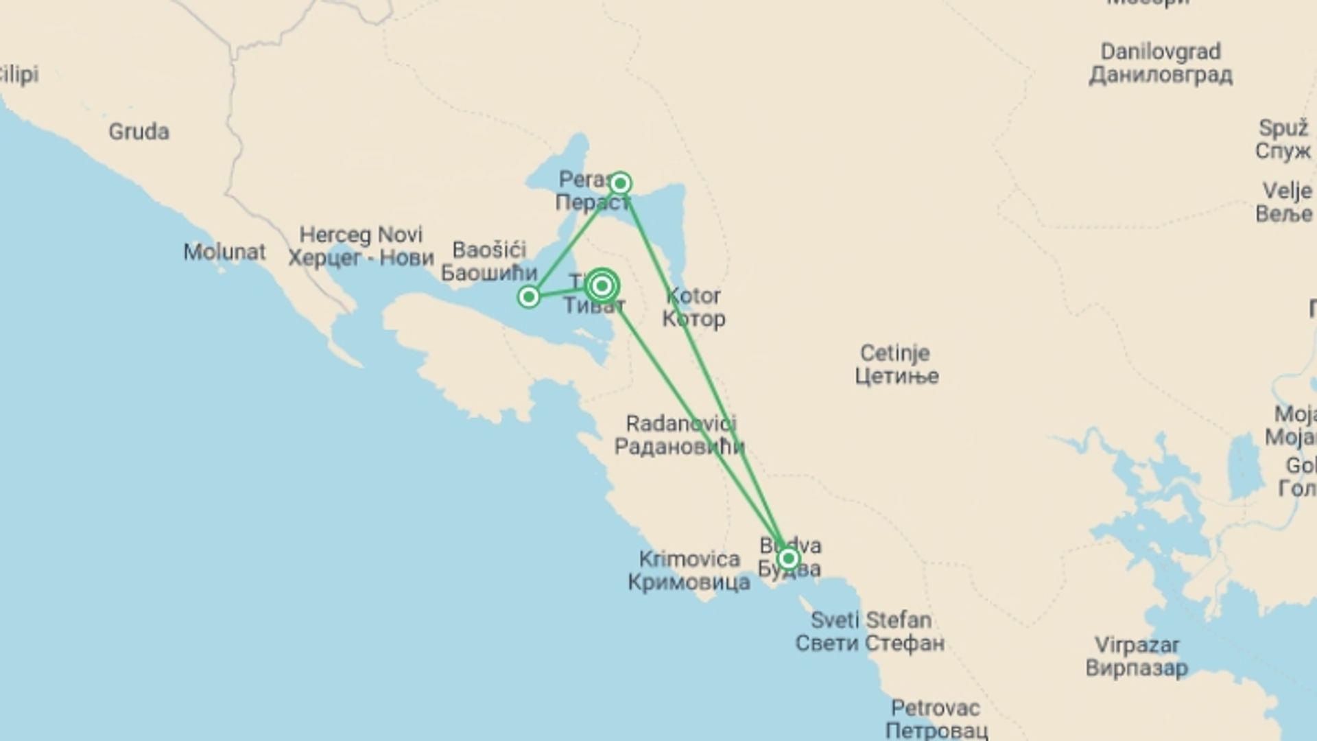 A map showing the tour itinerary for the trip: Scenic Montenegro Cruise, starting in Tivat, Montenegro and ending in Tivat, Montenegro going through 4 other destinations.