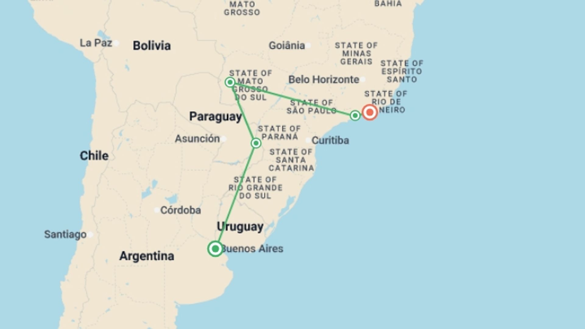 A map showing the tour itinerary for the trip: BUENOS AIRES to RIO (18 days) Waterfalls, Wetlands, starting in Buenos Aires, Argentina and ending in Rio de Janeiro, Brazil going through 3 other destinations.
