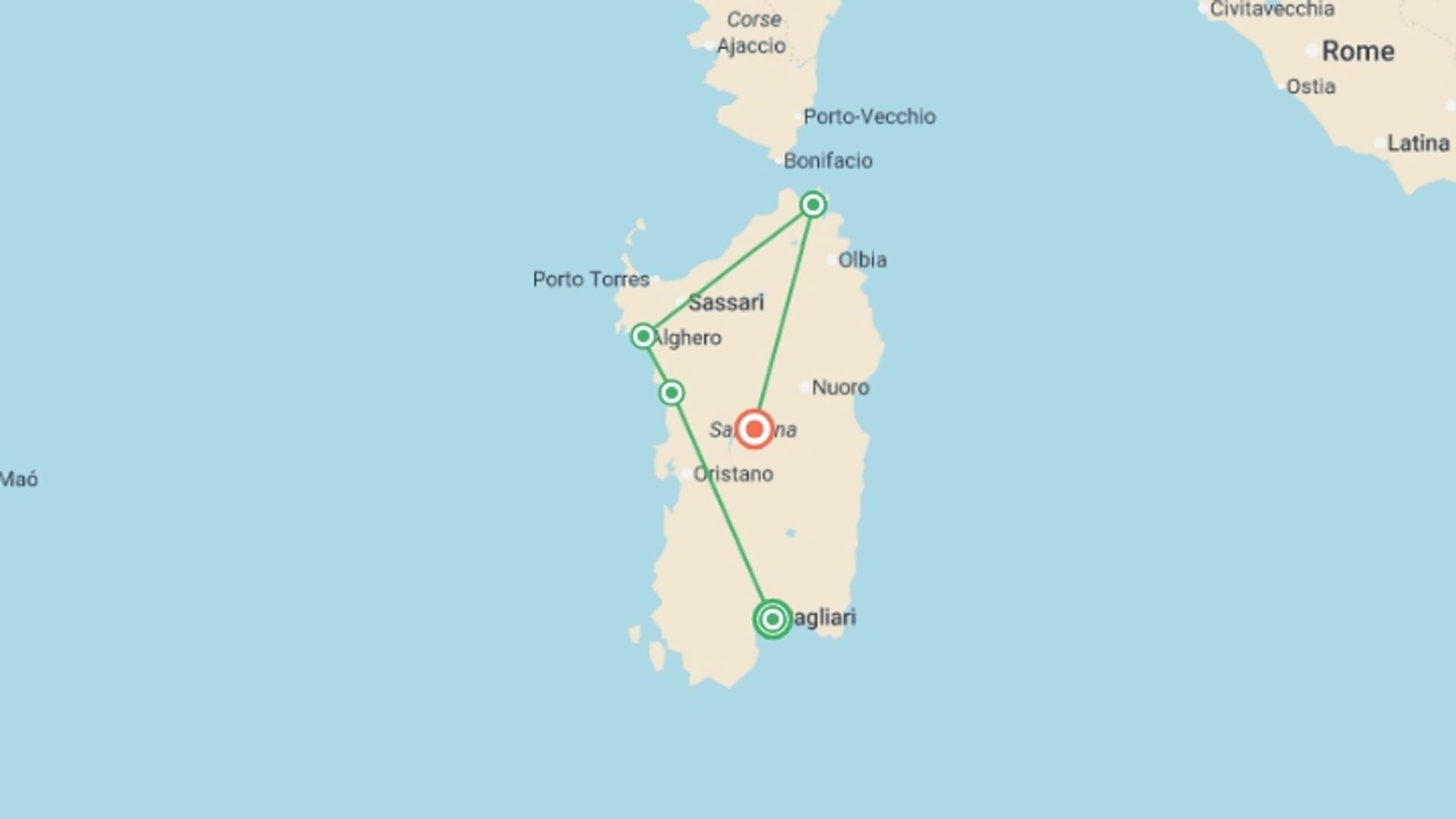 A map showing the tour itinerary for the trip: Best of Sardinia - 7 days, starting in Cagliari, Italy and ending in Sardinia, Italy going through 3 other destinations.