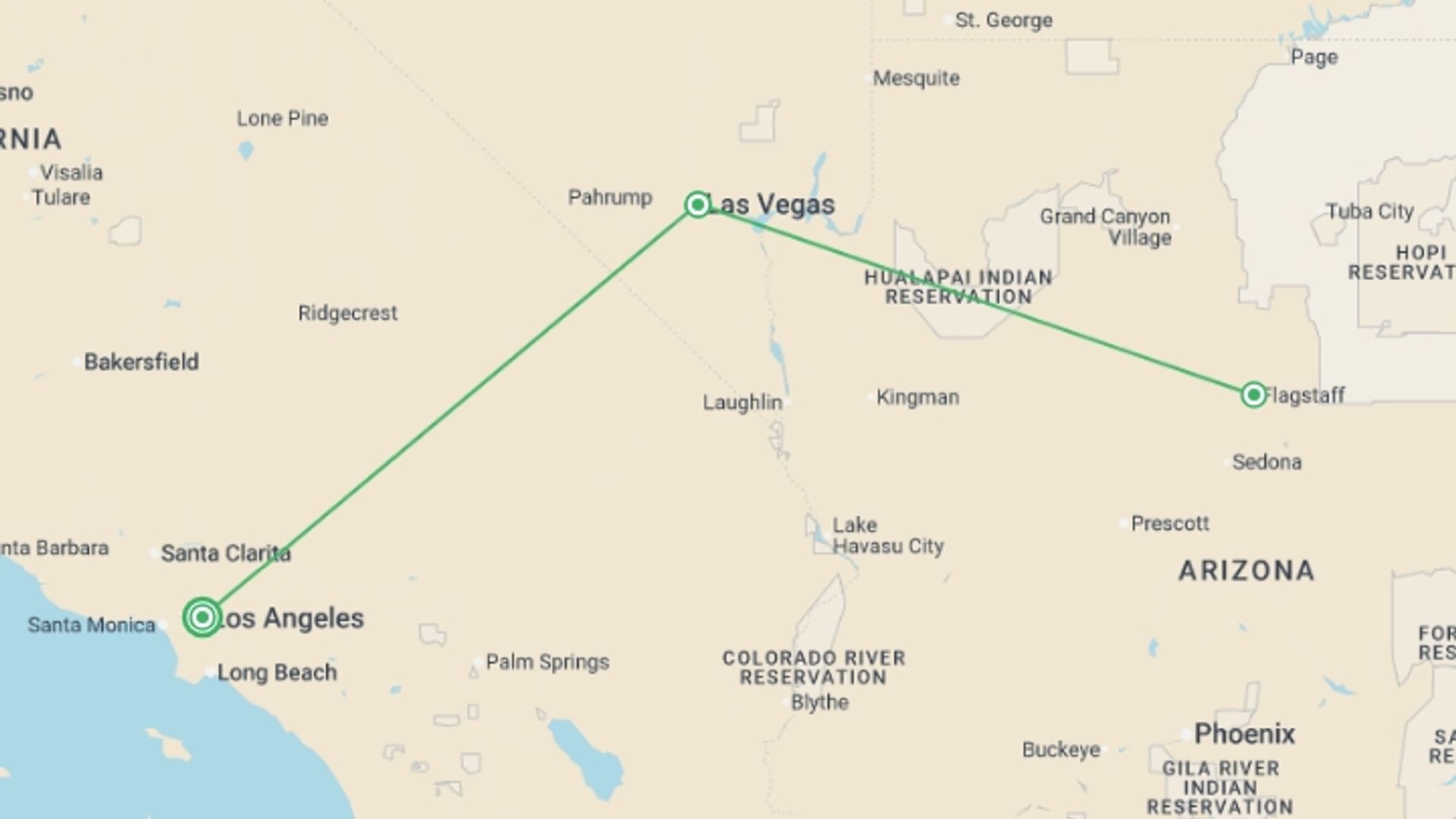 A map showing the tour itinerary for the trip: Western Classics, starting in Los Angeles, USA and ending in Los Angeles, USA going through 2 other destinations.