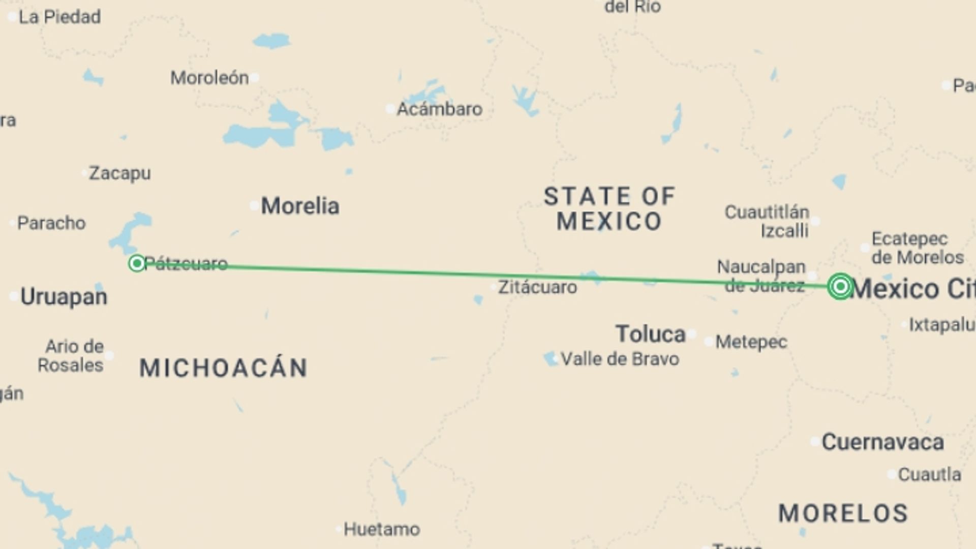 A map showing the tour itinerary for the trip: Mexico City and the Heart of Michoacán, starting in Mexico City, Mexico and ending in Mexico City, Mexico going through 1 other destinations.