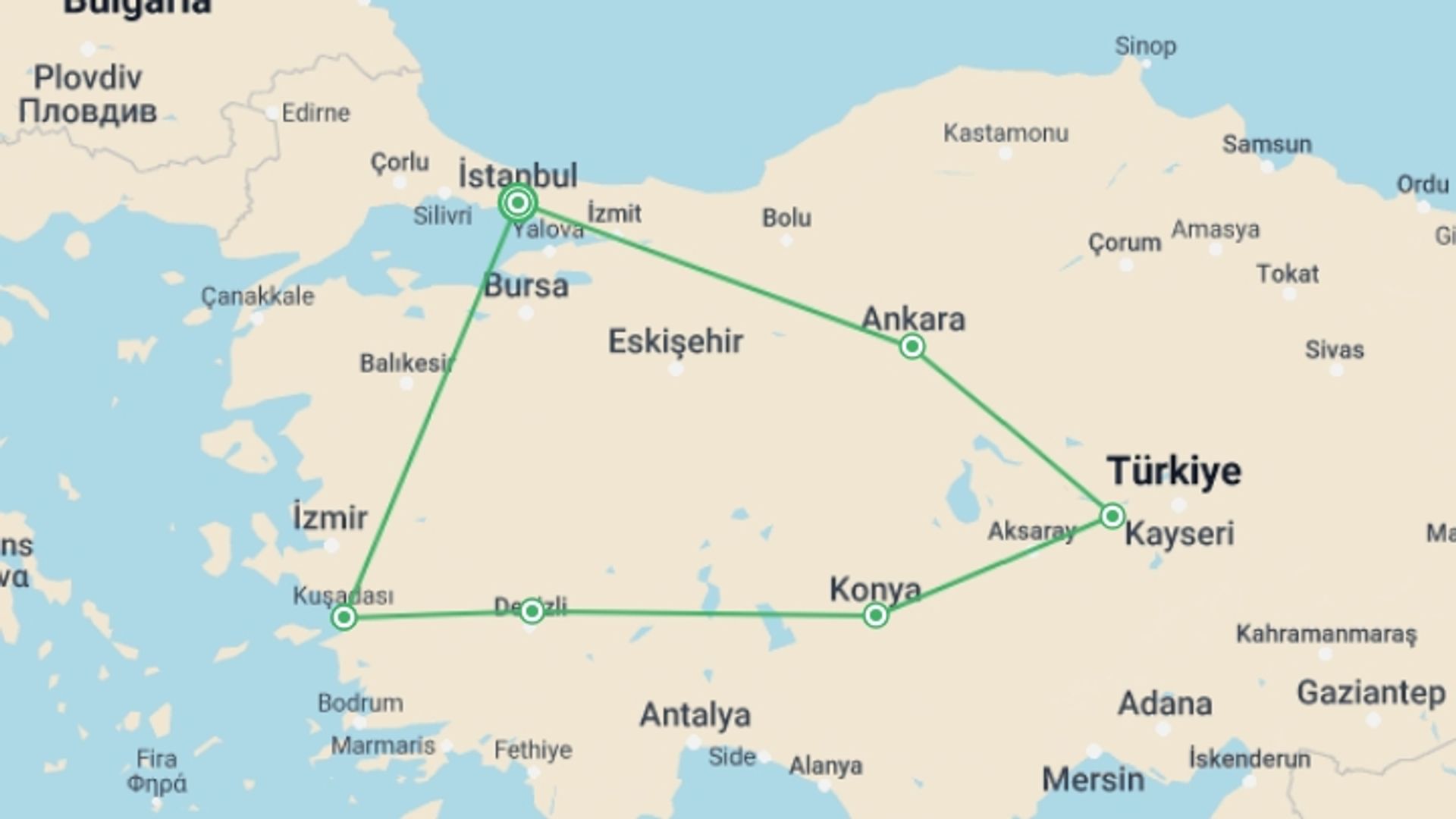 A map showing the tour itinerary for the trip: Turkey Beauty Tour, starting in Istanbul, Turkey and ending in Istanbul, Turkey going through 7 other destinations.