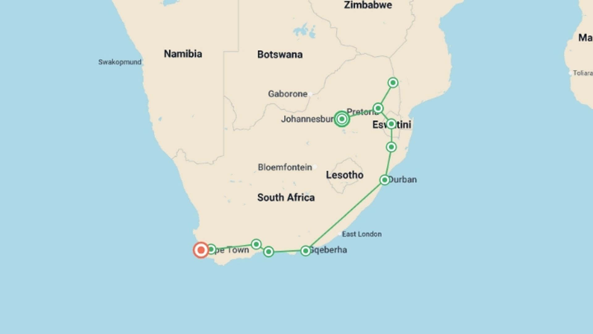 A map showing the tour itinerary for the trip: A World In One Country, starting in Johannesburg, South Africa and ending in Cape Town, South Africa going through 7 other destinations.