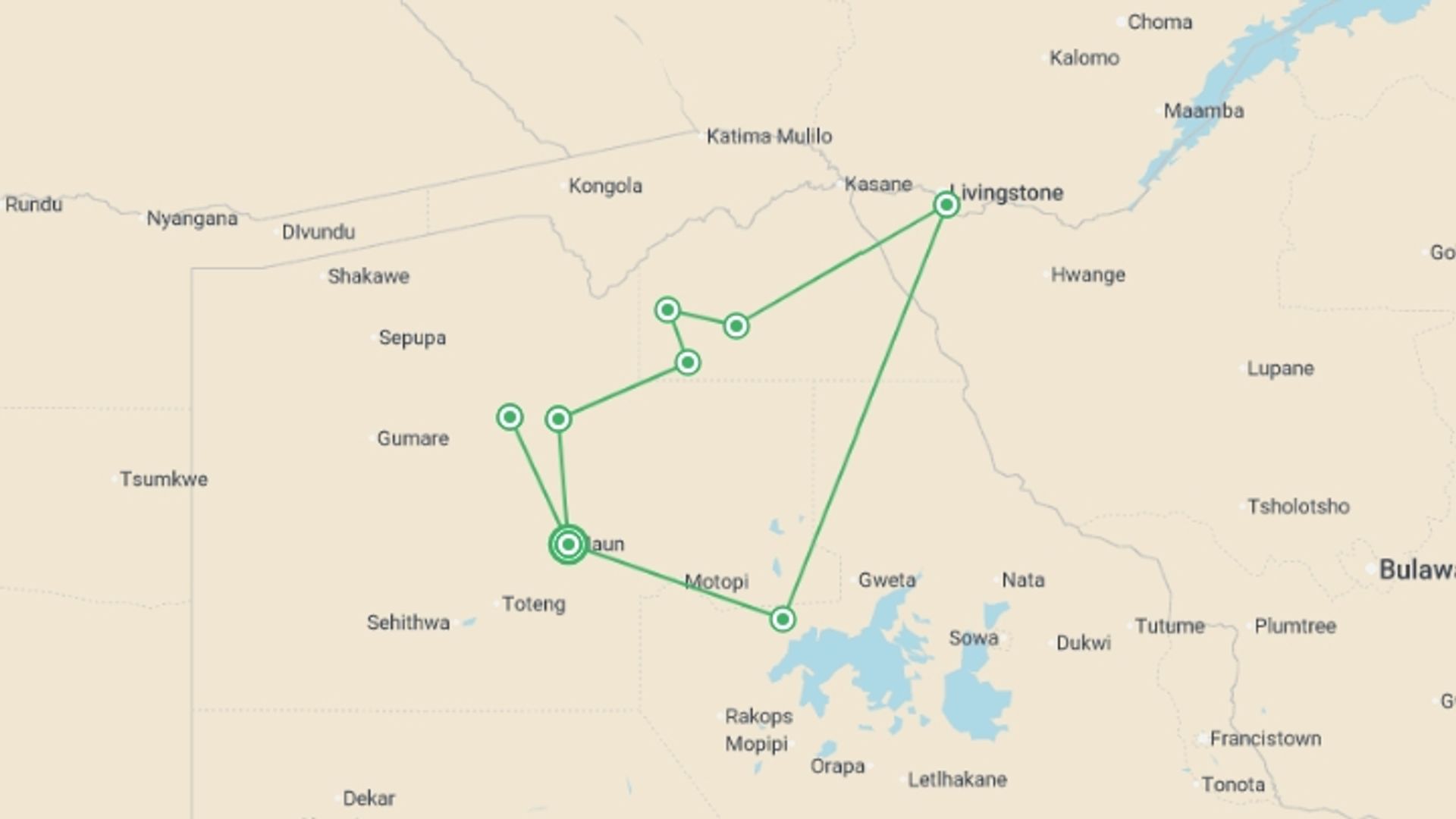 A map showing the tour itinerary for the trip: Wildlife & Wilderness of Botswana, starting in Maun, Botswana and ending in Maun, Botswana going through 7 other destinations.