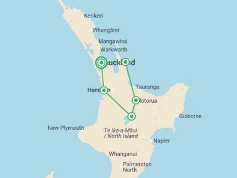 Map of Oceania Tour with 5 destination visits for the trip: Budget North Island Adventure - 7 days