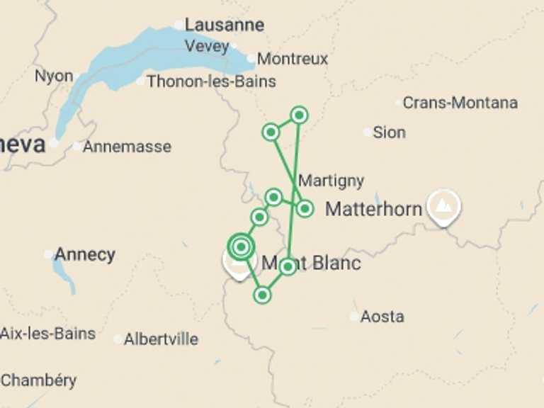 Map itinerary of Switzerland Tour in Fall with 7 destination visits for the trip: Mont Blanc Rambler Self Guided Hike