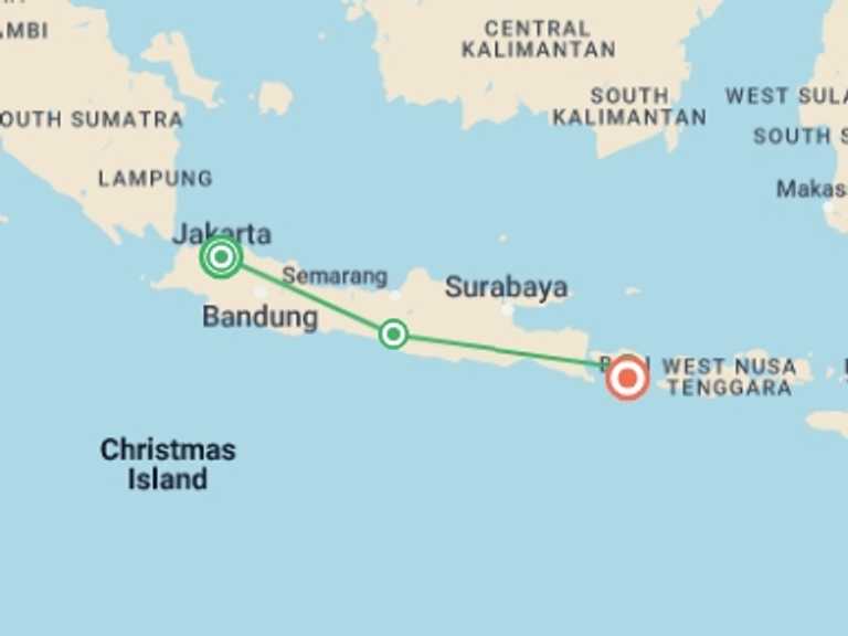 Map of Indonesia Tour with 5 destination visits for the trip: Premium Java and Bali