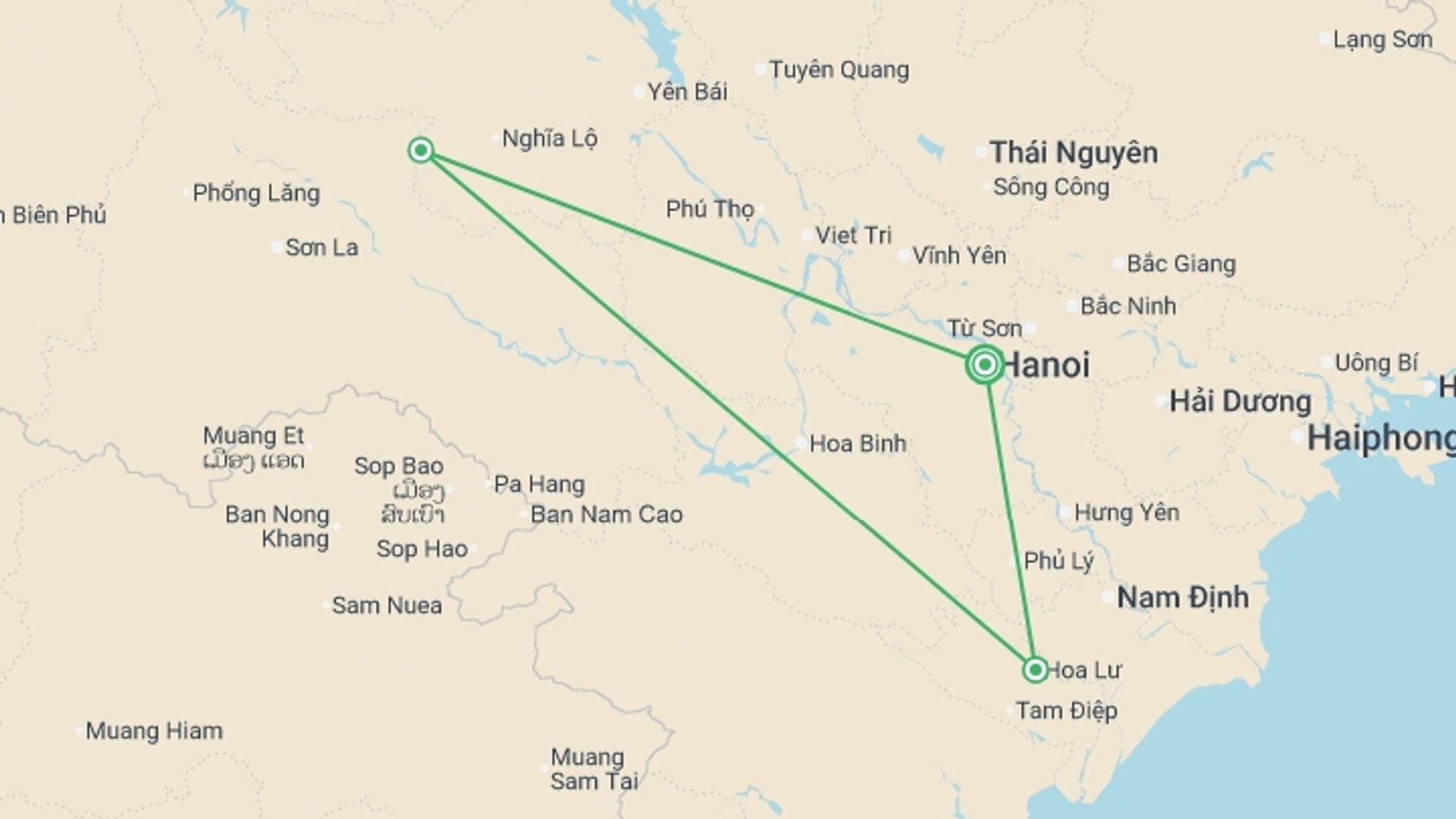 A map showing the tour itinerary for the trip: Vietnam Short Break: Hanoi to Ninh Binh, starting in Hanoi, Vietnam and ending in Hanoi, Vietnam going through 2 other destinations.