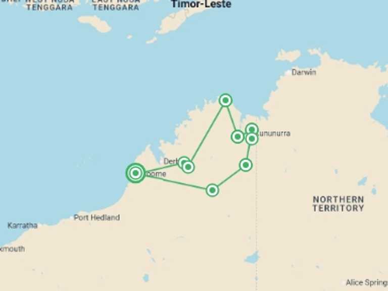 Map itinerary of Oceania Tour in May 2026 with 8 destination visits for the trip: Walk Western Australia's Kimberley